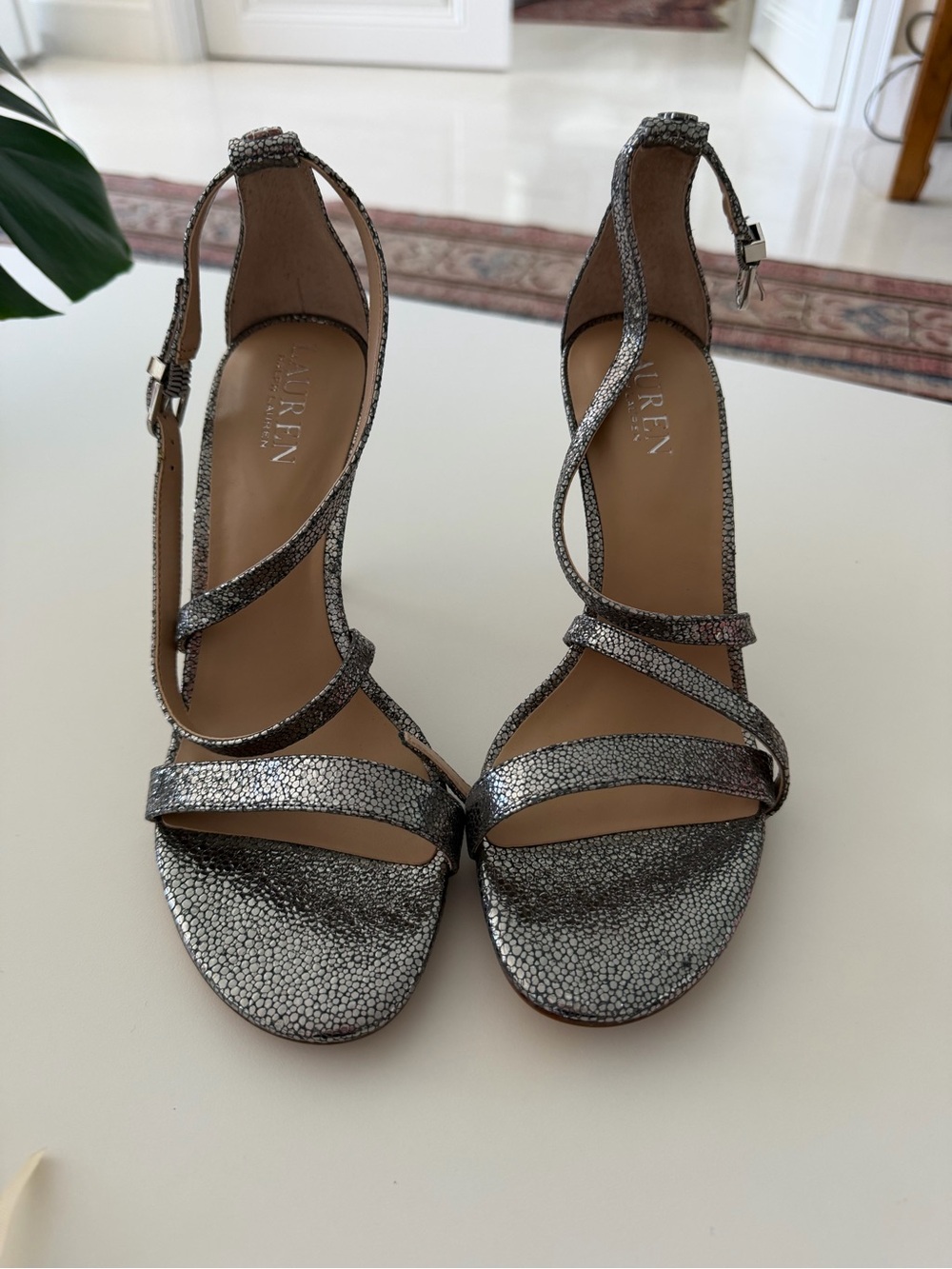 Lauren Ralph Lauren Metallic Silver Strappy Heels NEW